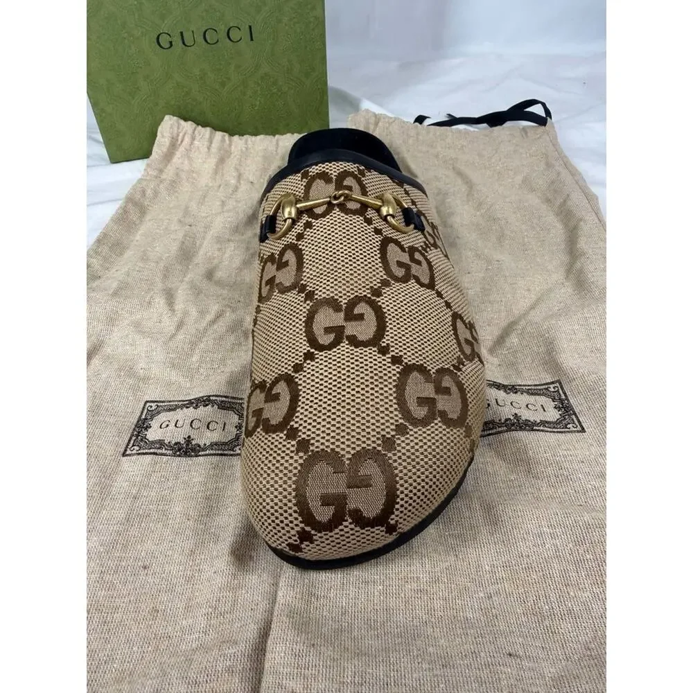 Gucci GG Supreme Maxi Horsebit Mules Canvas Slippers US 13.5 SPB-TS 371578